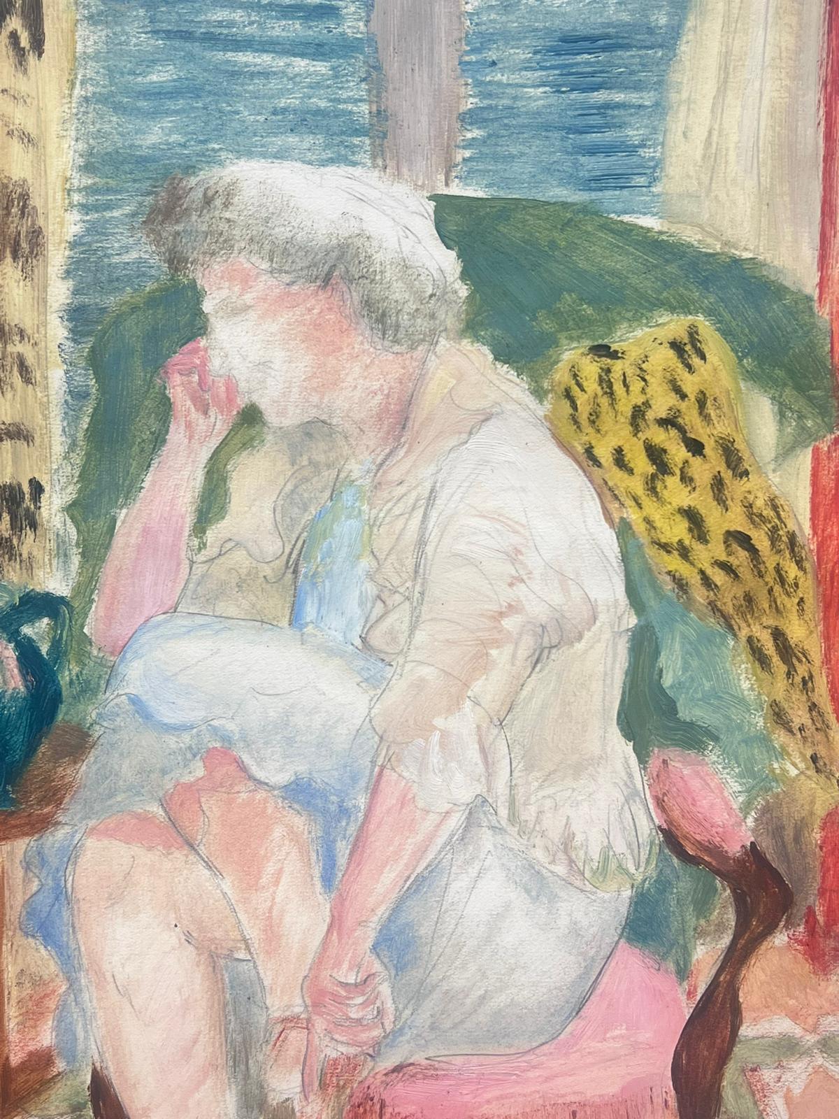 1950s French Interior Scene Lady Seated at Chair Fauvist Colors For Sale 1