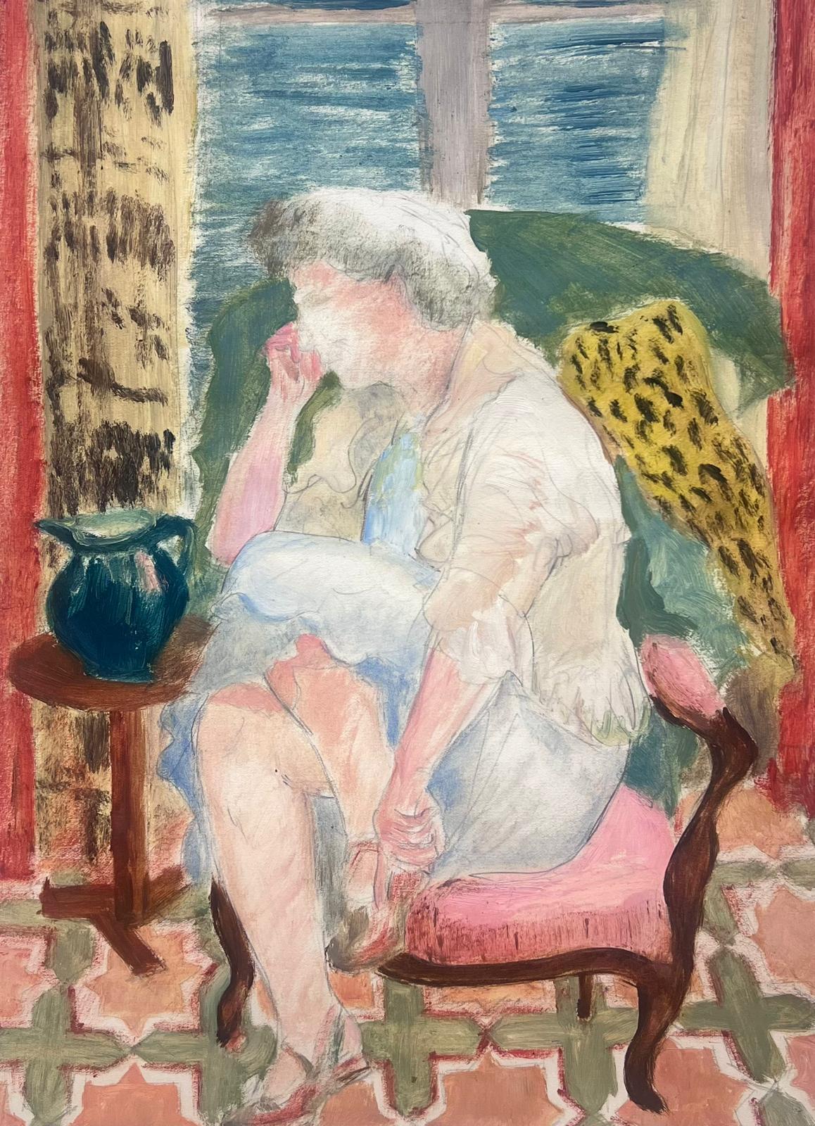 Josine Vignon Portrait Painting – 1950er Jahre Französische Innenraumszene Dame am Stuhl sitzend Fauvistische Farben