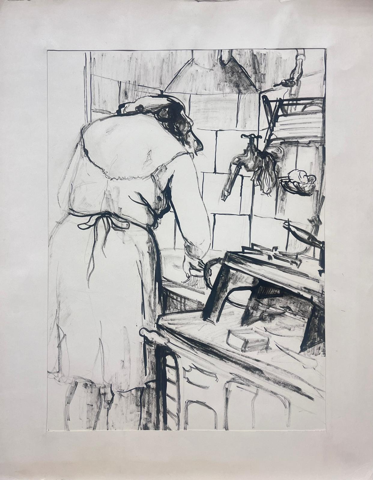 Scena intima di cucina francese del 1950 Disegno a inchiostro nero di una donna al lavoro - Painting di Josine Vignon