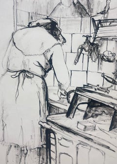 1950s French Intimate Kitchen Scene Black Ink Drawing of a Woman at Work