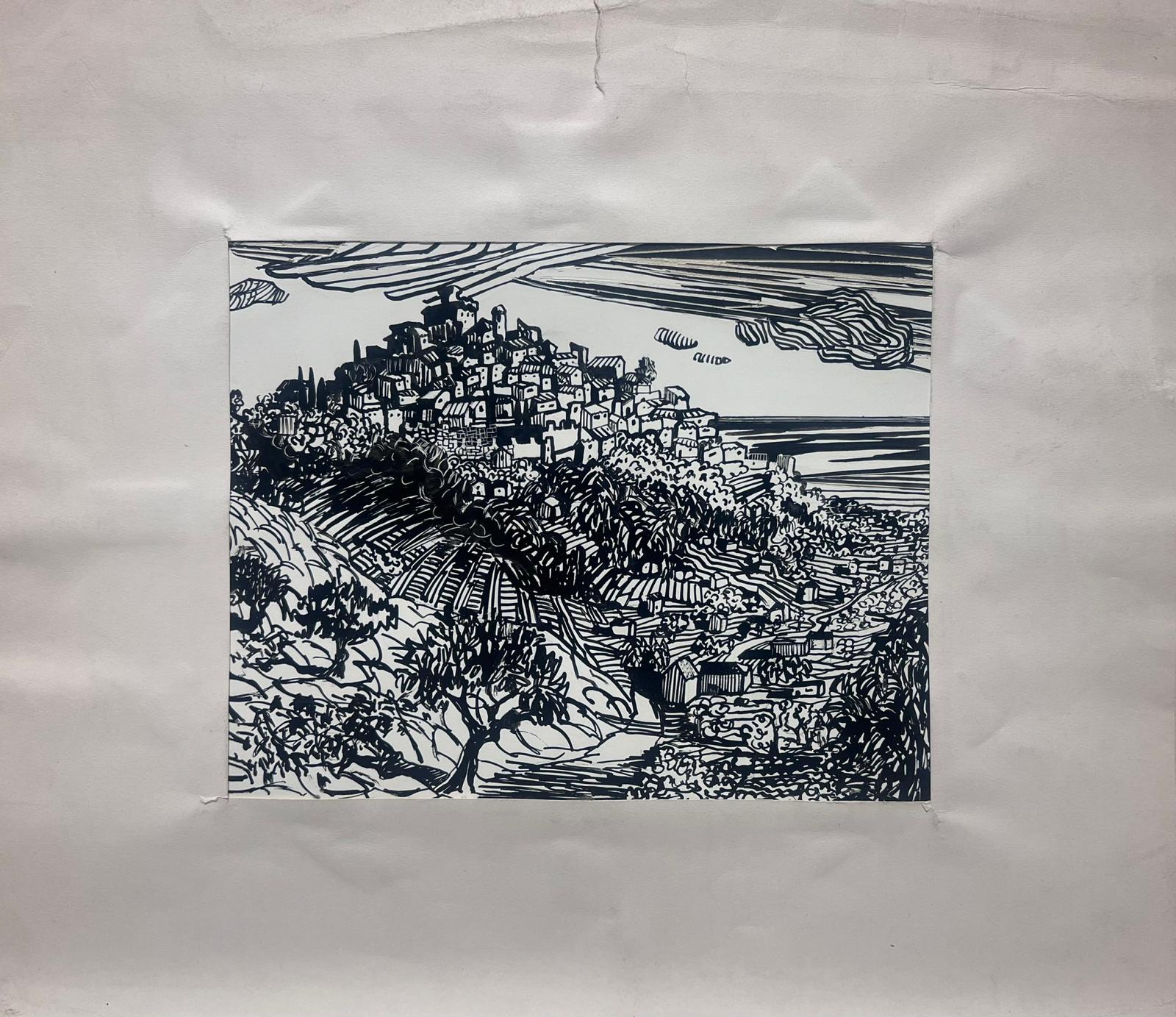 Französische Landschaft der 1950er Jahre mit Blick auf das Meer auf einem Hügel – Painting von Josine Vignon