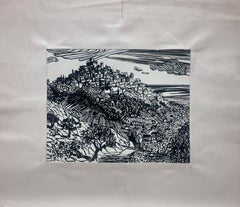 1950s French Landscape of a Hilltop Village Overlooking the Sea