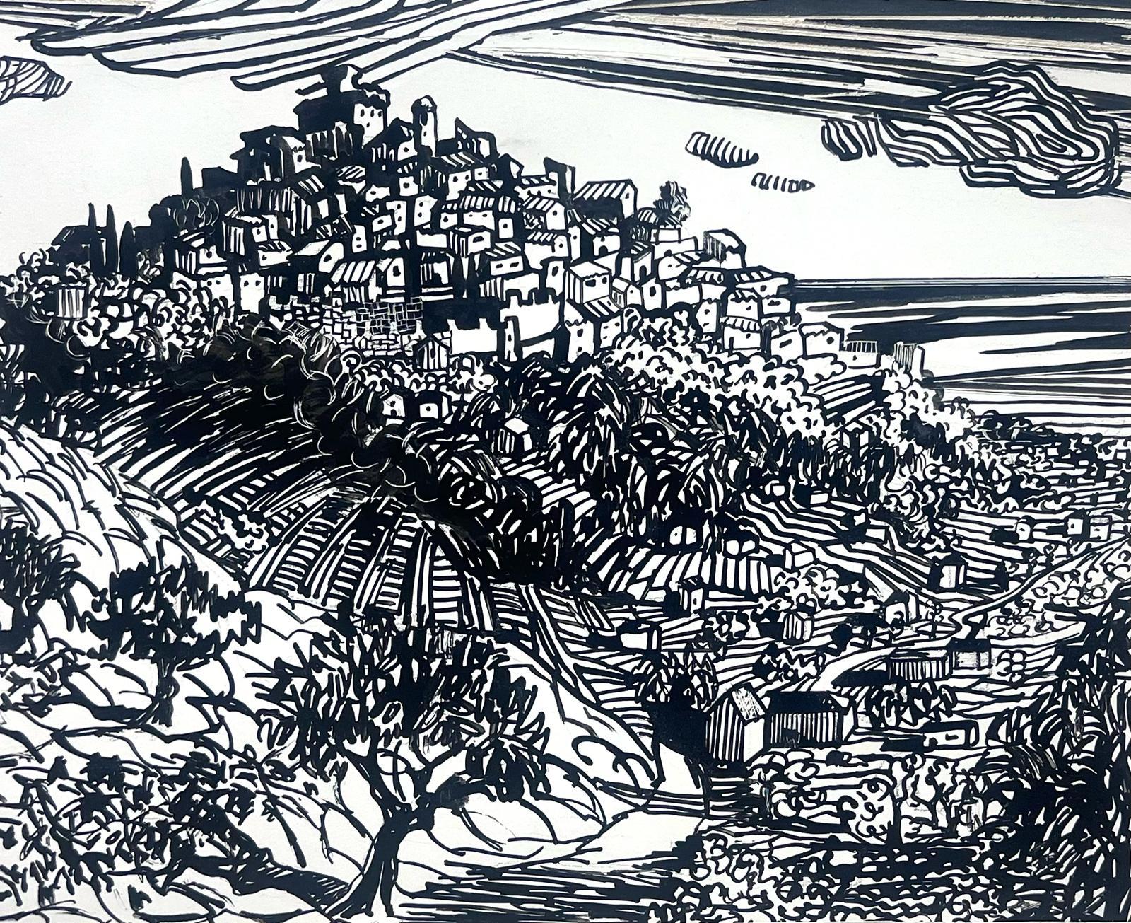 1950s French Landscape of a Hilltop Village Overlooking the Sea