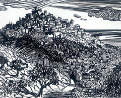 Paesaggio francese degli anni '50 di un villaggio in collina con vista sul mare
