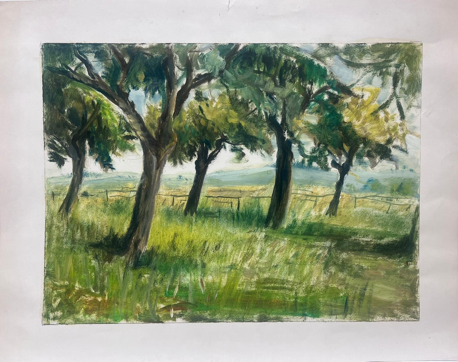 Französische Öl-Landschaft, 1950er Jahre, Bäume in grünem Gras, Landschaft – Painting von Josine Vignon