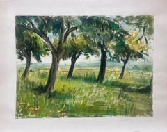 Paisaje al óleo francés de los años 50 Árboles en un paisaje de hierba verde