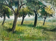 Paysage à l'huile français des années 1950 Arbres dans l'herbe verte Paysage