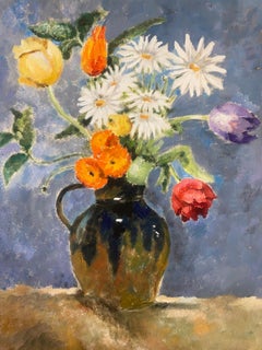 1950s French Oil Marguerite Daisies  and Colorful Tulips With Foliage In Vase