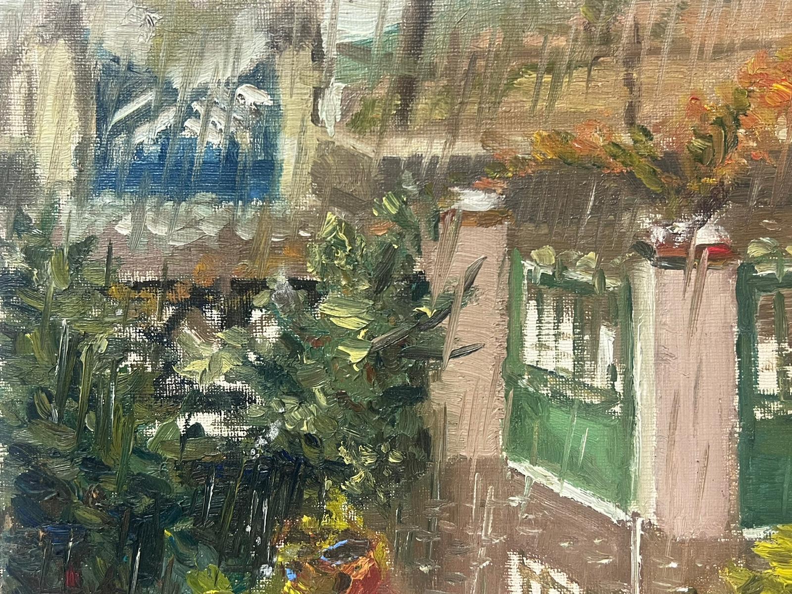 1950s French Oil Painting Paris House & Garden in the Rain For Sale 1