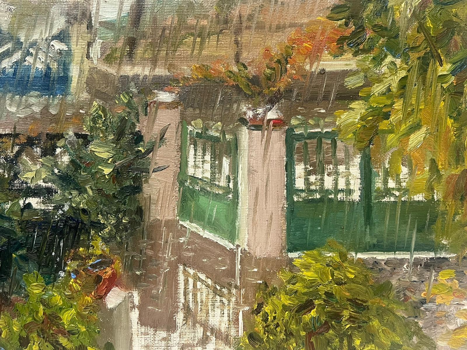1950s French Oil Painting Paris House & Garden in the Rain For Sale 2