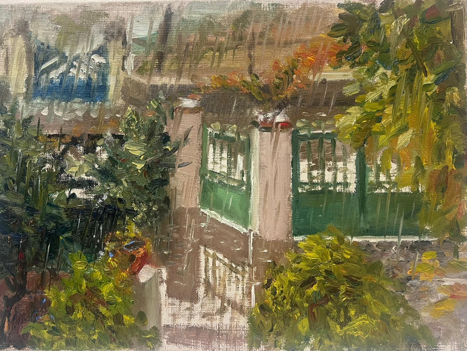 Josine Vignon Landscape Painting - 1950s French Oil Painting Paris House & Garden in the Rain