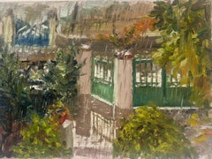 French House & Garden sous la pluie, peinture à l'huile des années 1950