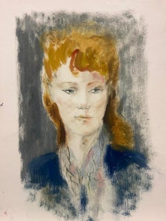 1950s French Oil Painting Portrait Sketch of a Auburn Hair Lady