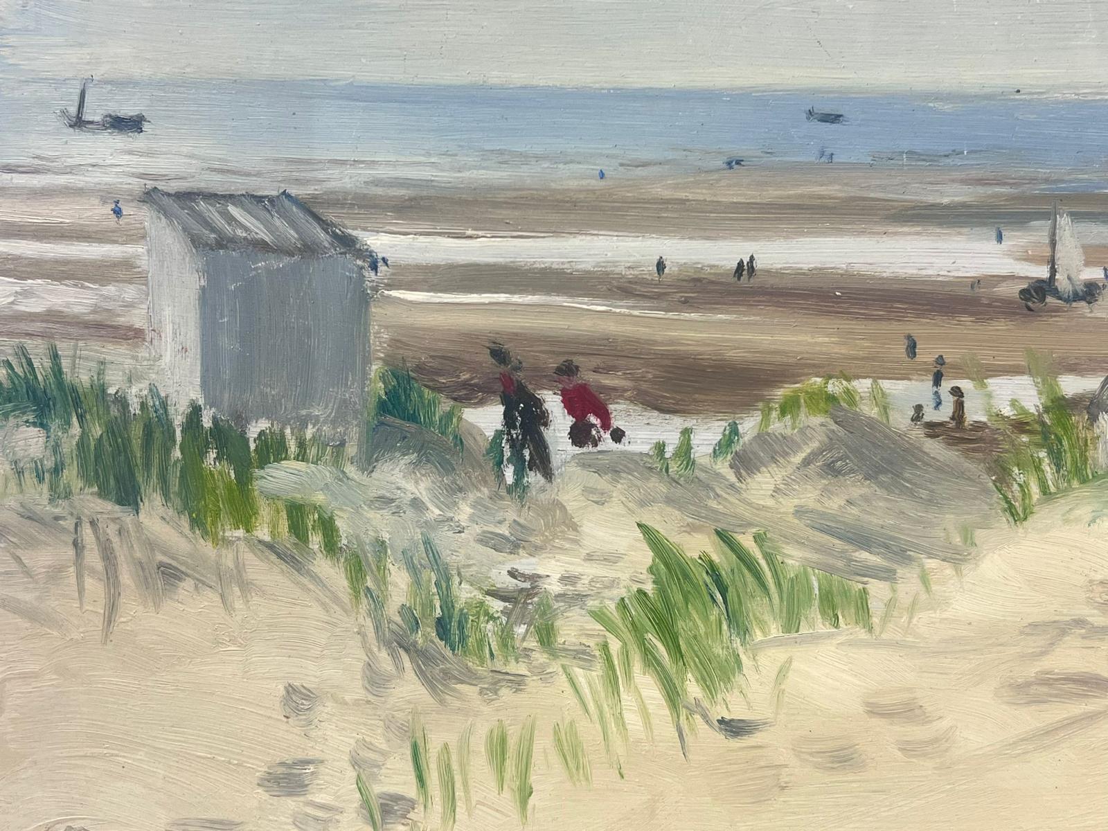 1950s French Oil Painting Sand Dunes Beach with Huts & Boats Atmospheric Work For Sale 1