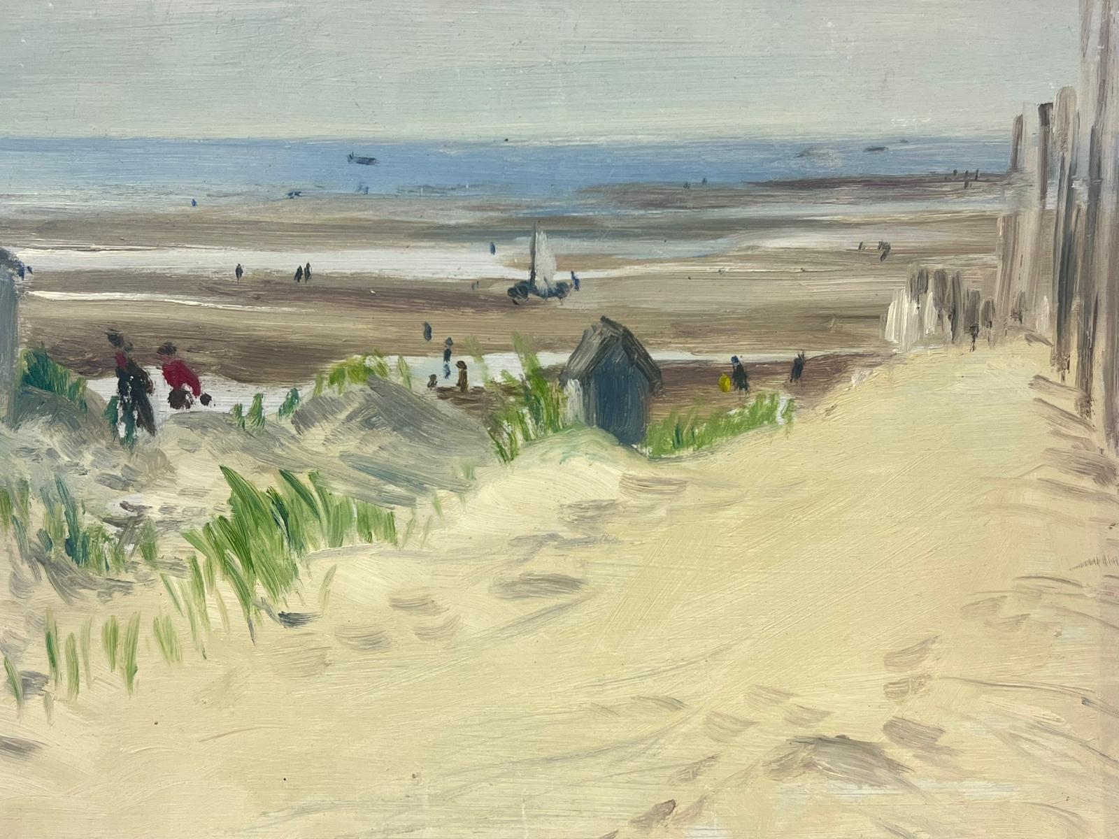 1950s French Oil Painting Sand Dunes Beach with Huts & Boats Atmospheric Work For Sale 2