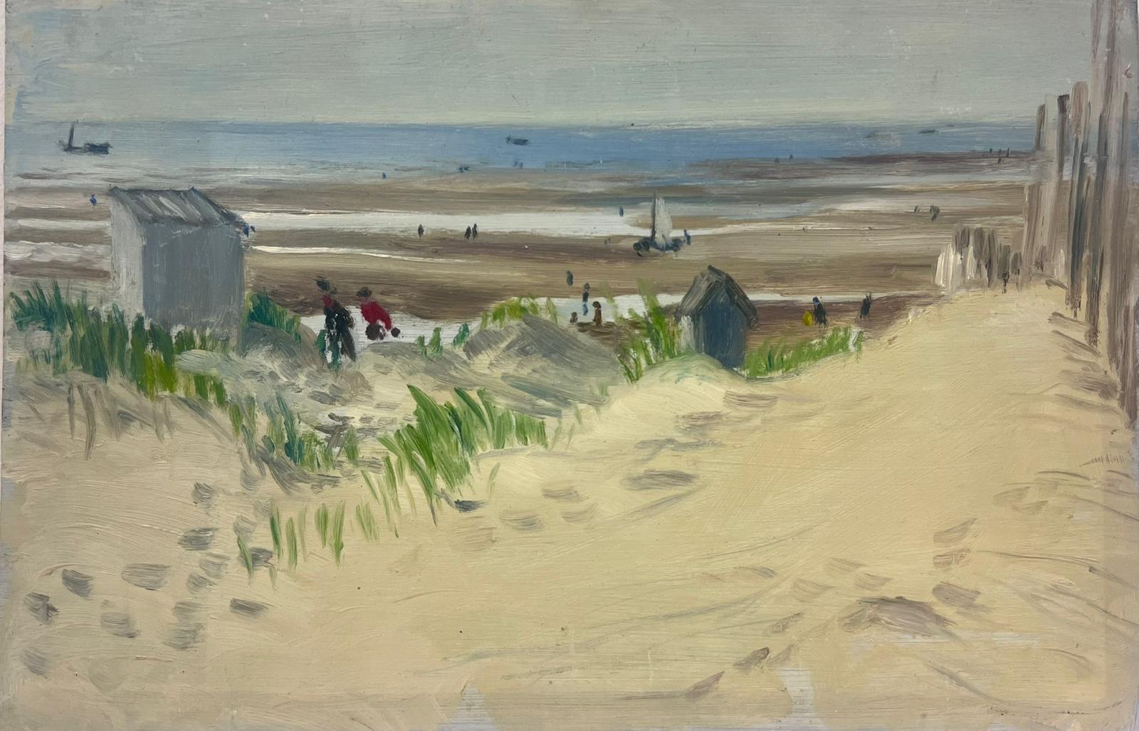 Josine Vignon Figurative Painting - 1950s French Oil Painting Sand Dunes Beach with Huts & Boats Atmospheric Work