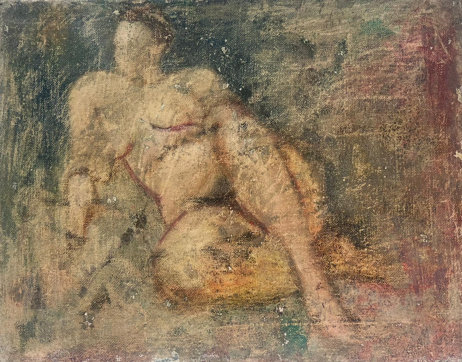 Josine Vignon Nude Painting – Französische Ölskizze einer liegenden nackten, atmosphärischen Dame, 1950er Jahre