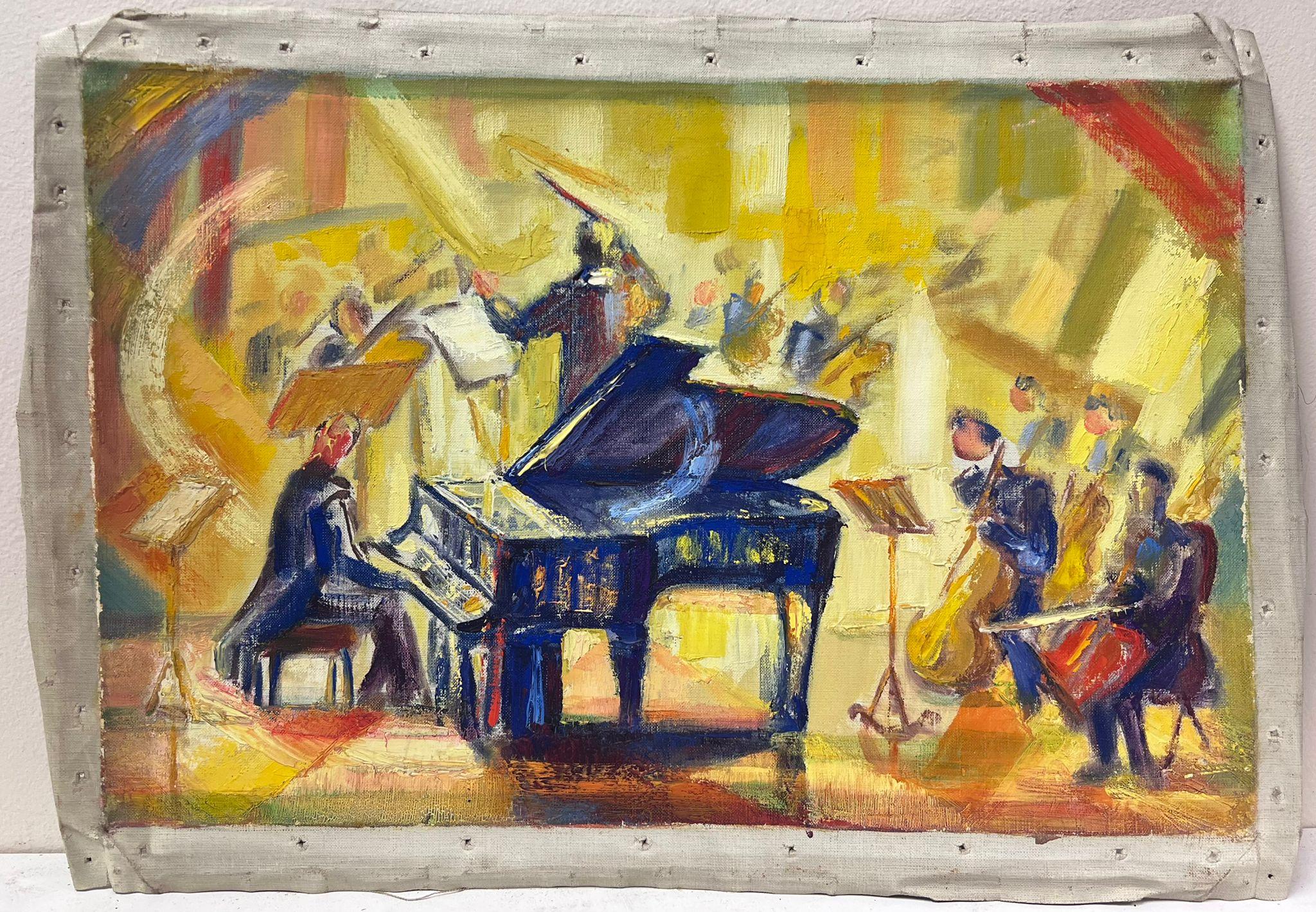 1950s French oil The Classical Orchestra Grand Piano Violins & Musicians - Painting by Josine Vignon