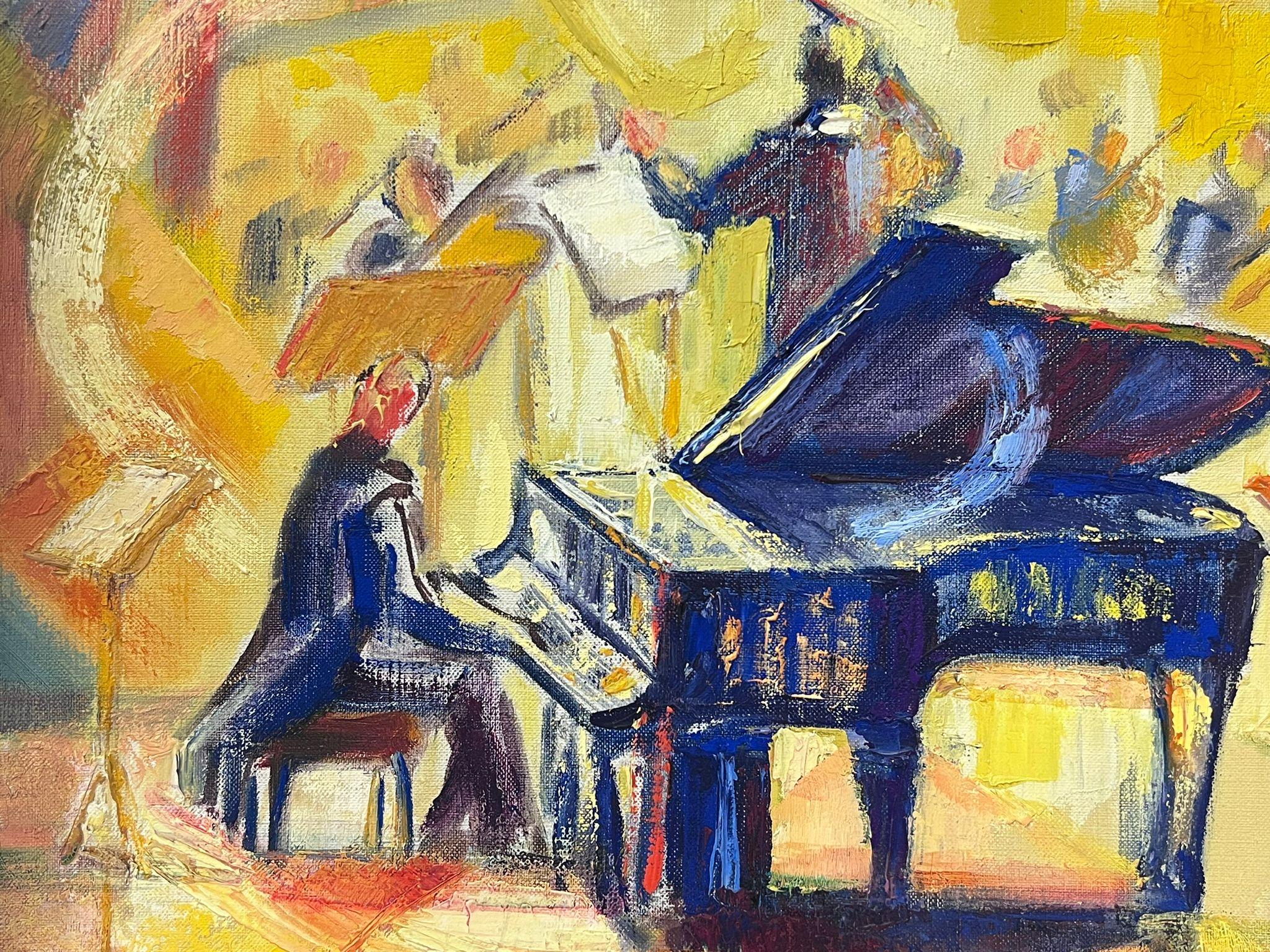 1950s French oil The Classical Orchestra Grand Piano Violins & Musicians - Impressionist Painting by Josine Vignon