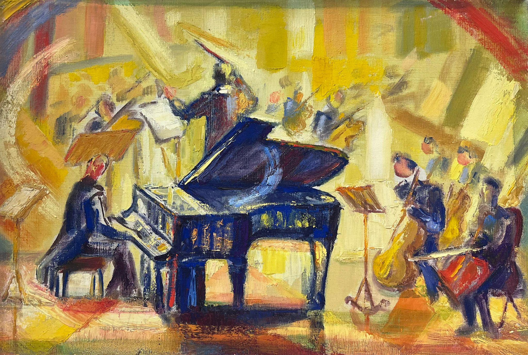 Josine Vignon Still-Life Painting - 1950s French oil The Classical Orchestra Grand Piano Violins & Musicians