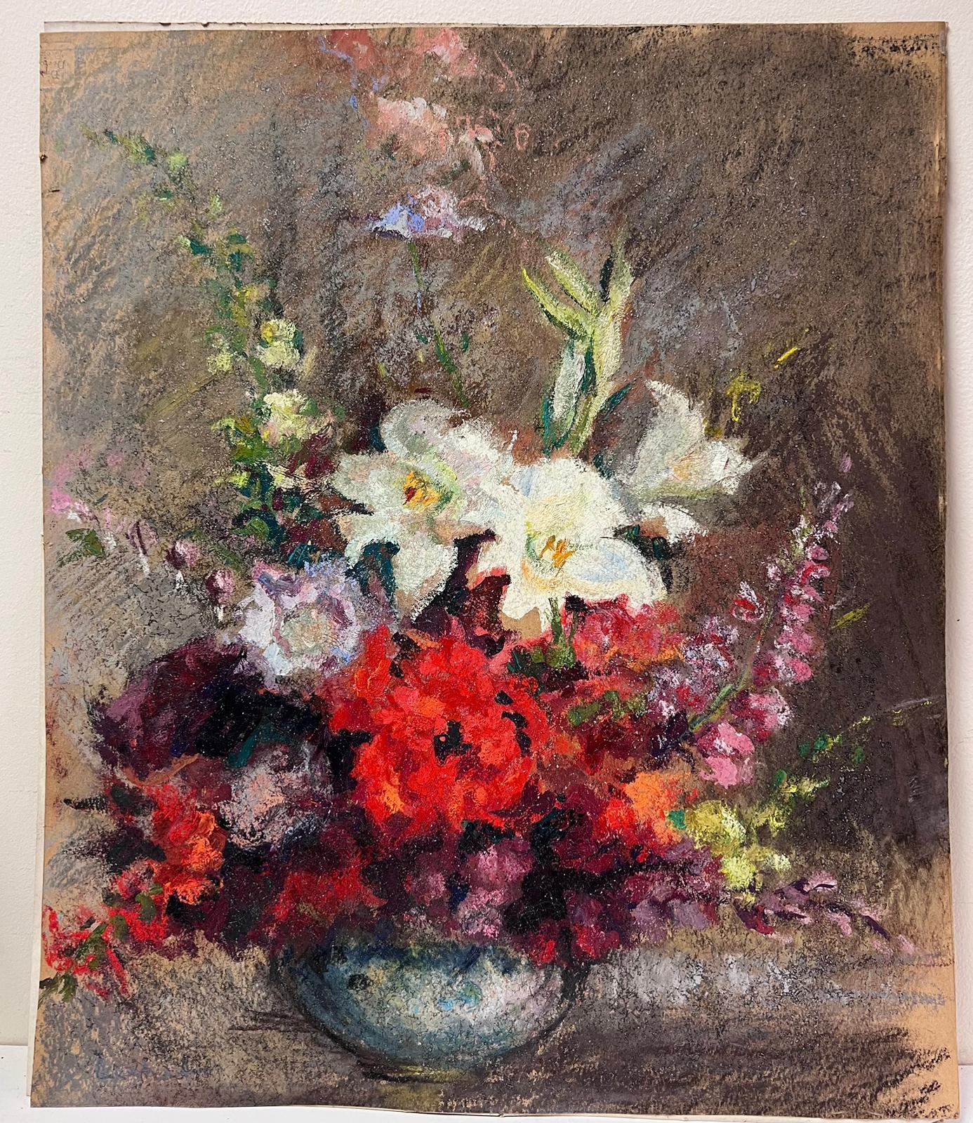 1950er Jahre Französisch Pastell Stillleben von Blumen in einer Vase Schöne Farben – Painting von Josine Vignon