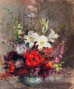 1950s French Pastel Still Life of Flowers in a Vase Beautiful Colours