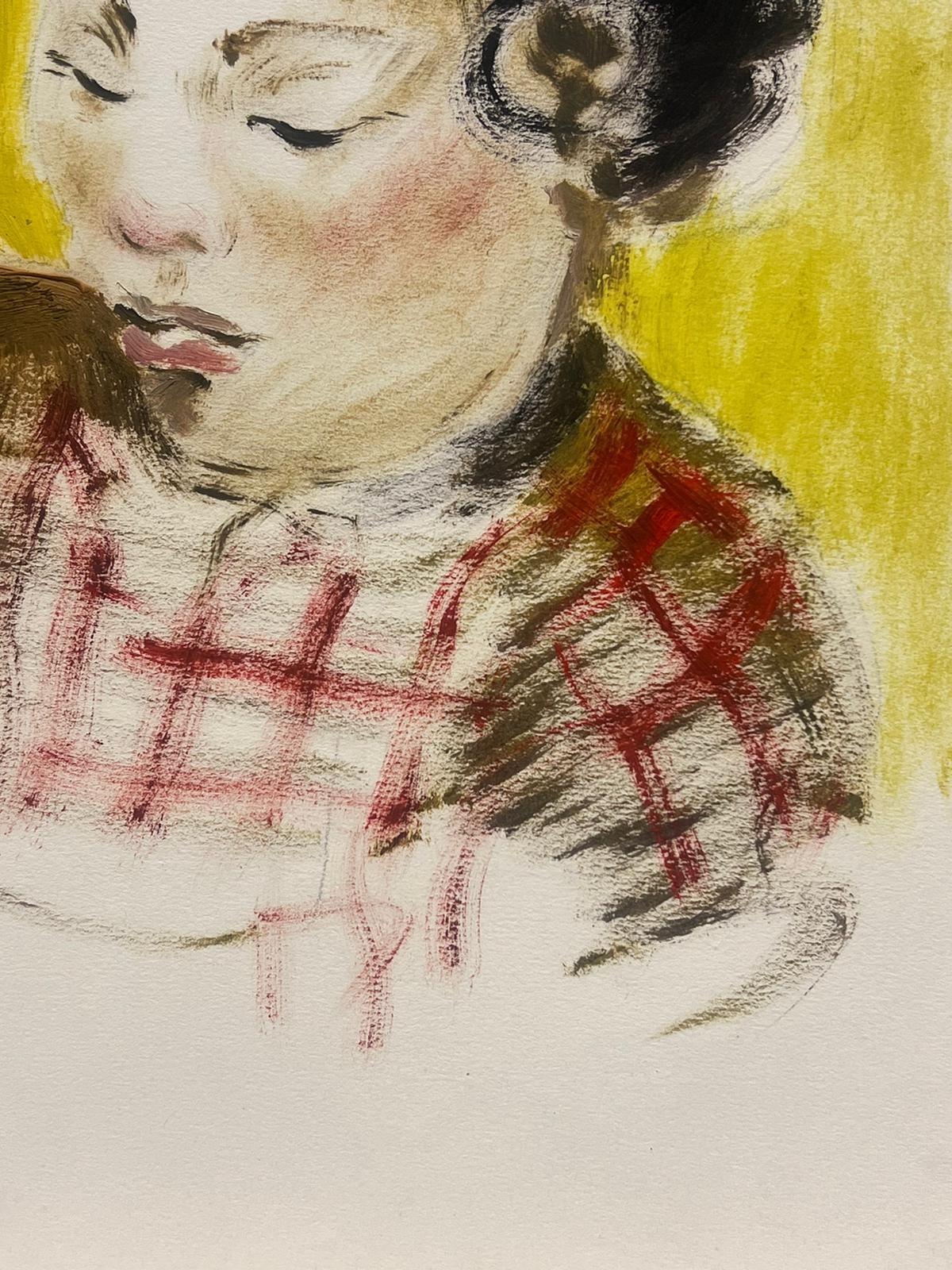 Ritratto francese degli anni '50 di un bambino pensieroso su sfondo giallo - Portrait Painting Beige di Josine Vignon