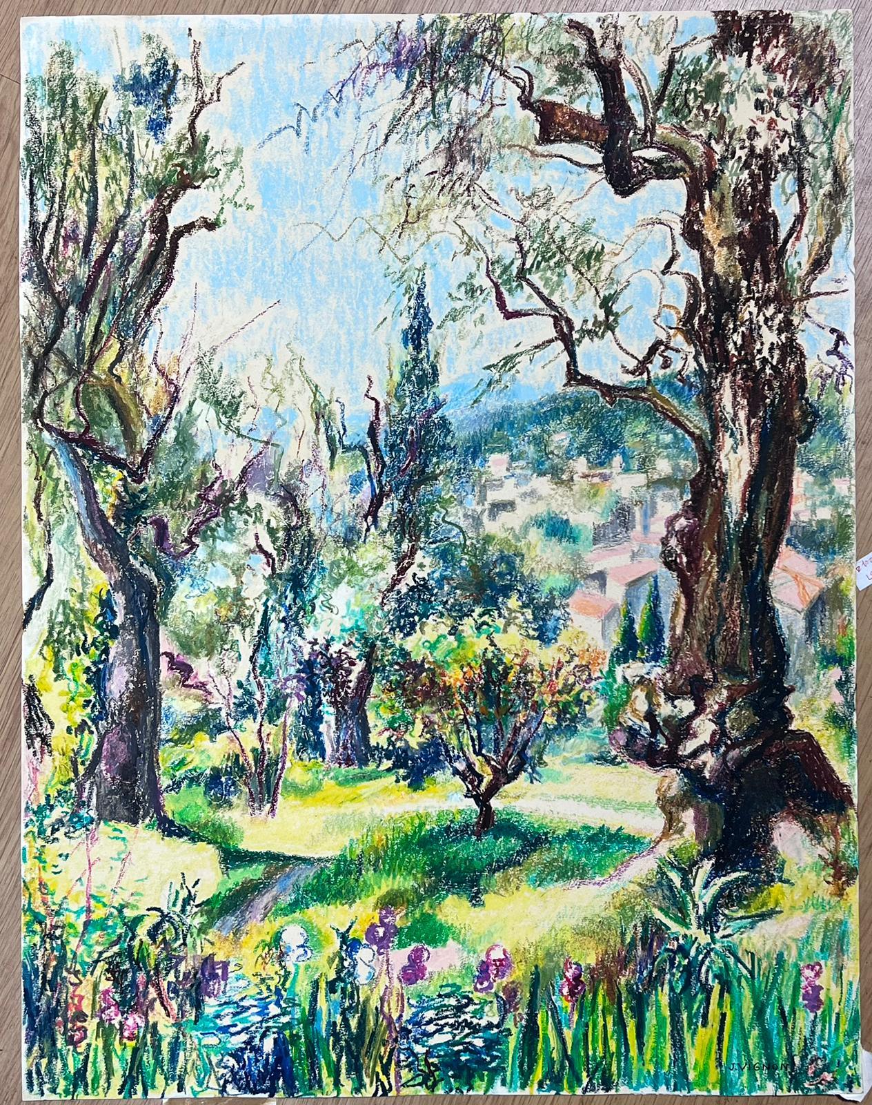 1950s French Post Impressionist Bright Pastel Summer Garden Landscape Provence - Painting by Josine Vignon