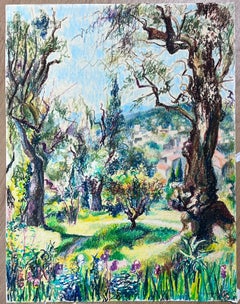 1950 Francese Post Impressionista Luminoso Pastello Giardino Estivo Paesaggio Provenza