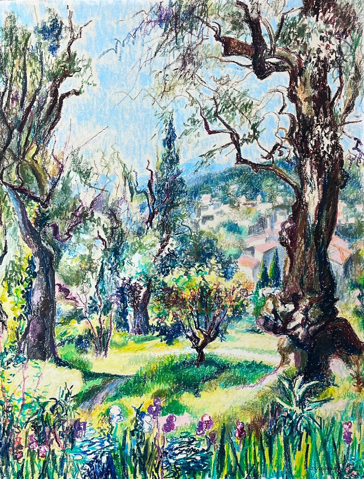 Josine Vignon Landscape Painting - 1950s French Post Impressionist Bright Pastel Summer Garden Landscape Provence