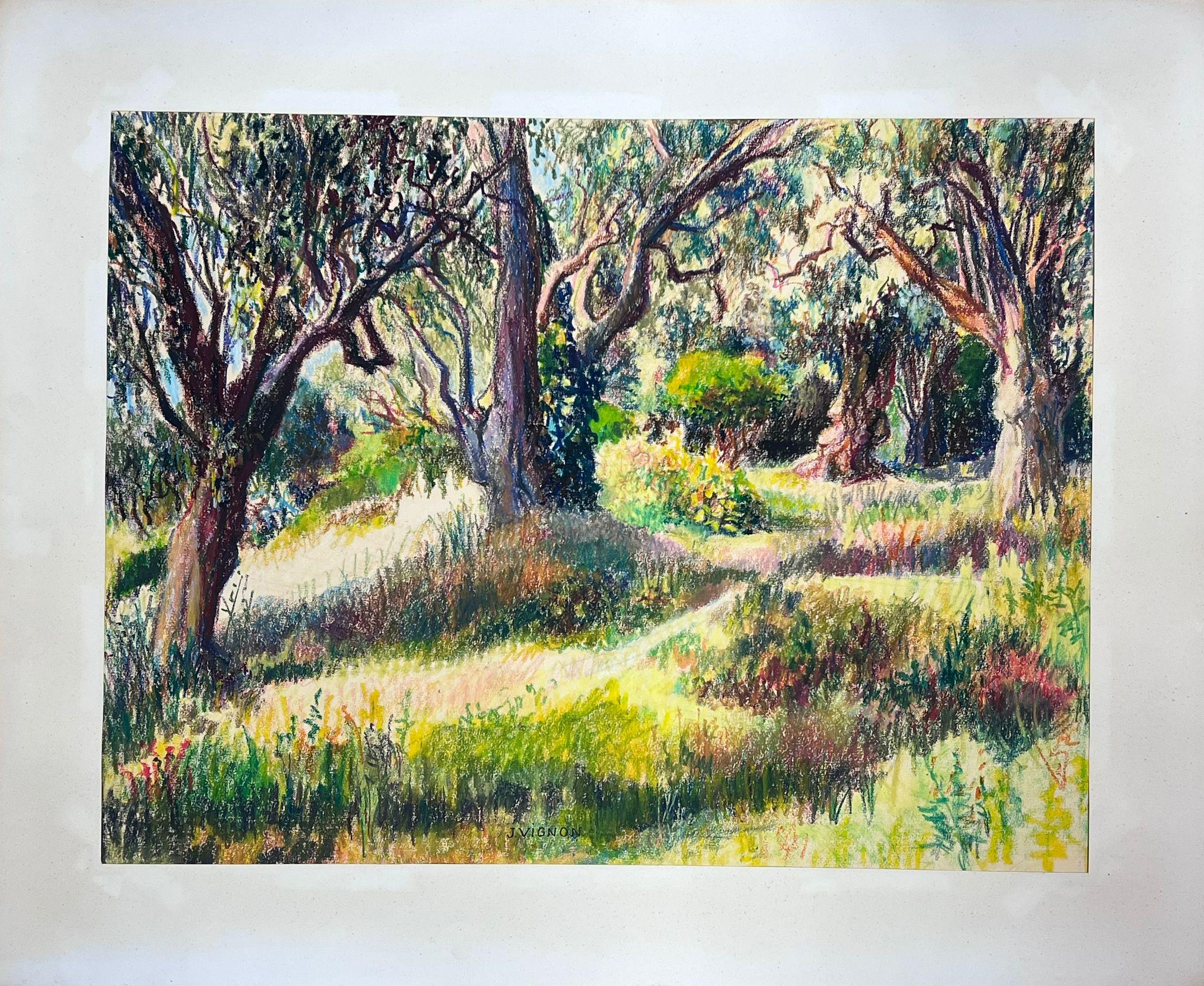 1950s French Post Impressionist Bright Pastel Summer Garden Path Landscape - Painting by Josine Vignon