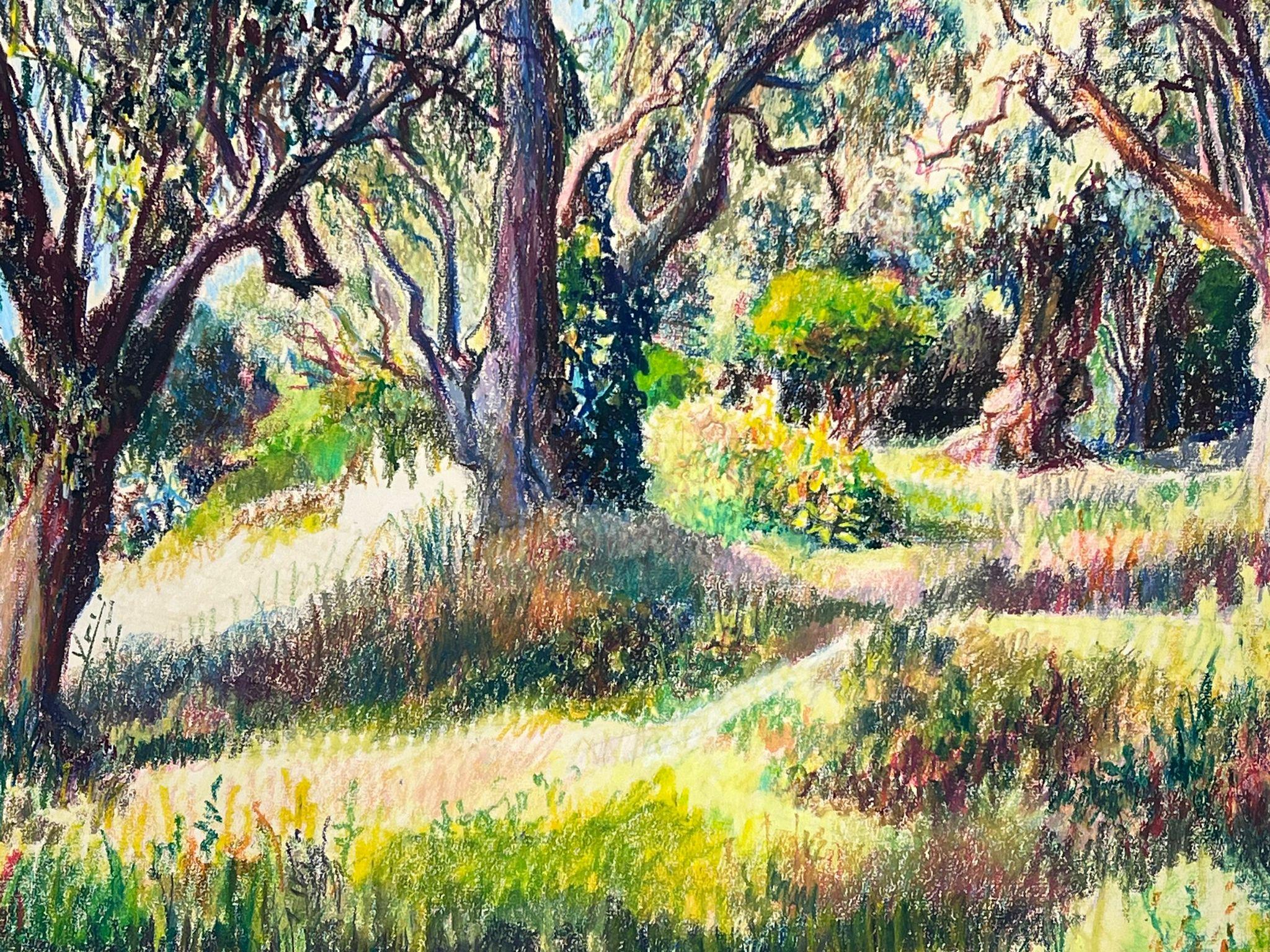 1950s French Post Impressionist Bright Pastel Summer Garden Path Landscape - Gray Landscape Painting by Josine Vignon