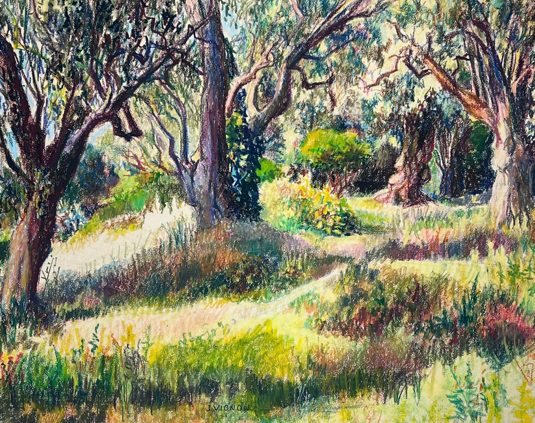 Josine Vignon Landscape Painting - 1950s French Post Impressionist Bright Pastel Summer Garden Path Landscape