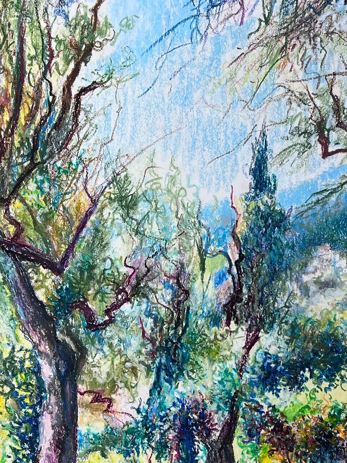 1950s French Post Impressionist Bright Pastel Summer Woodland Painting Provence - Gray Landscape Painting by Josine Vignon