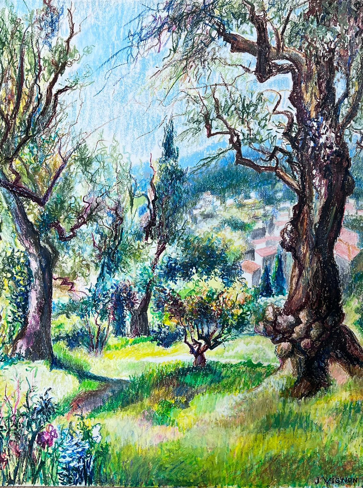 Josine Vignon Landscape Painting - 1950s French Post Impressionist Bright Pastel Summer Woodland Painting Provence