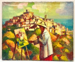 Pintura al óleo cubista postimpresionista francesa de 1950 en un caballete en la Provenza
