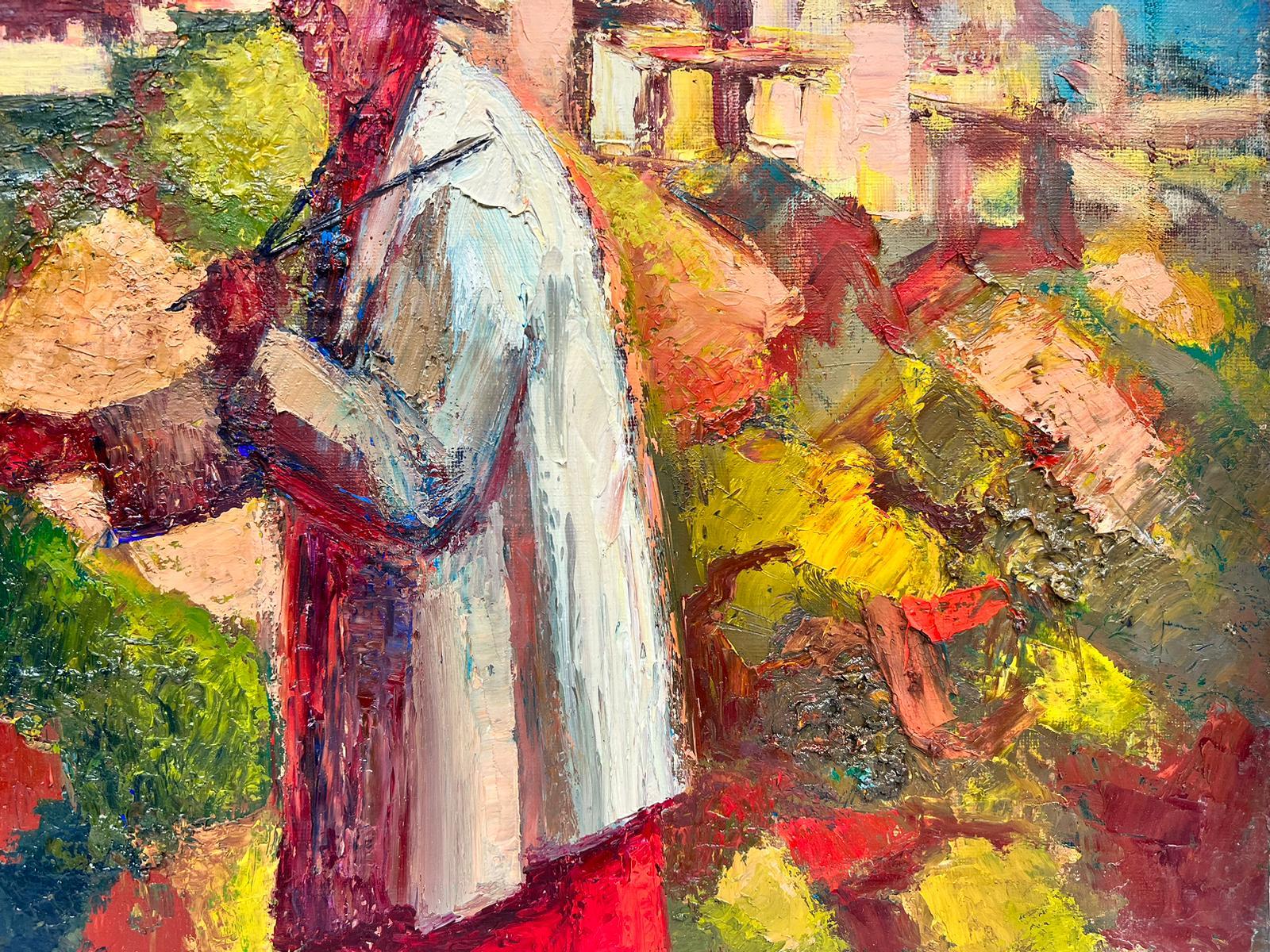 The Provencal Painter
by Josine Vignon (French 1922-2022)
oil painting on canvas, unframed

canvas: 18 x 21.5 inches

Colors: Red colors, orange, yellow, pink, green, browns and beige

Very good condition, though the stretcher bar indentation shows