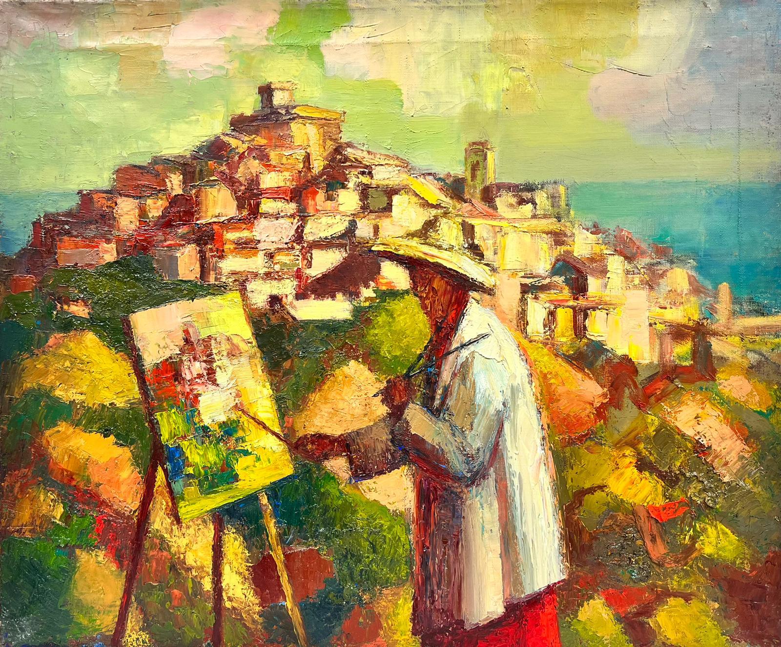 Josine Vignon Landscape Painting - 1950's French Post Impressionist Cubist Oil Artist Painting at Easel in Provence