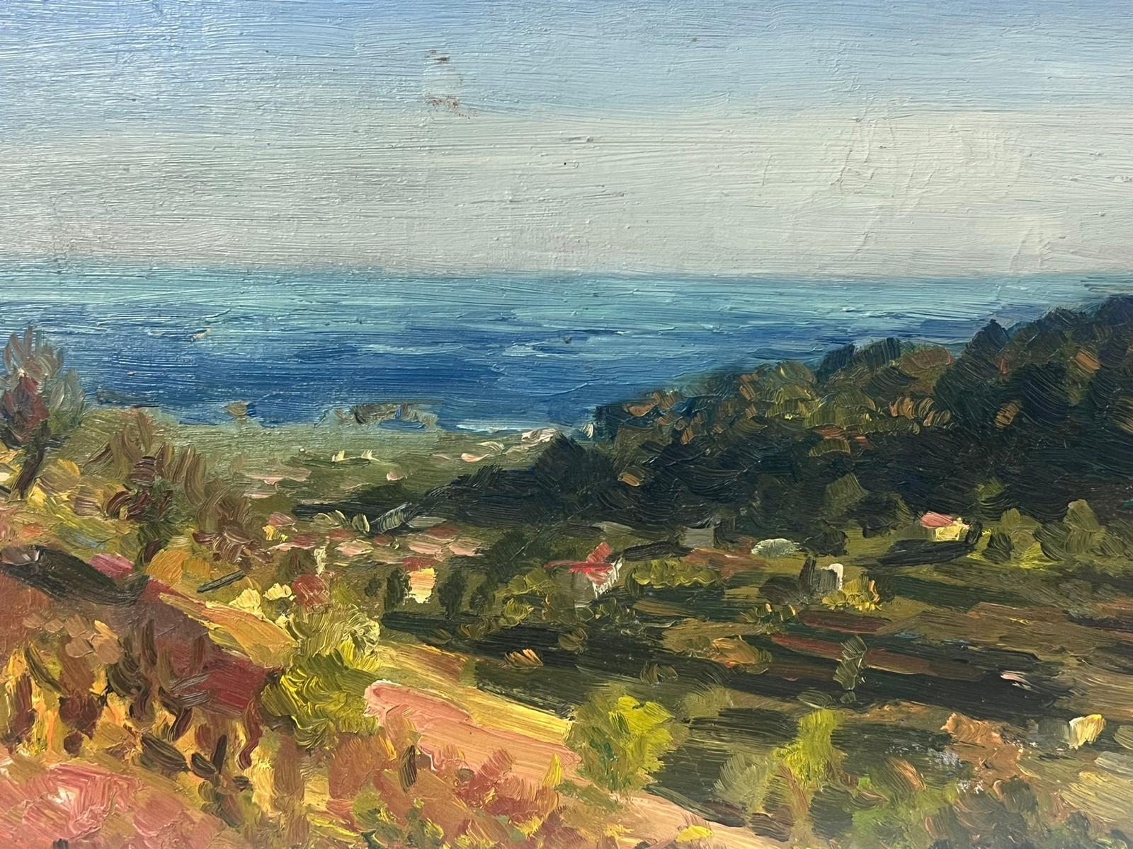 1950, paesaggio verde francese post impressionista vista lontana sui campi - Painting di Josine Vignon