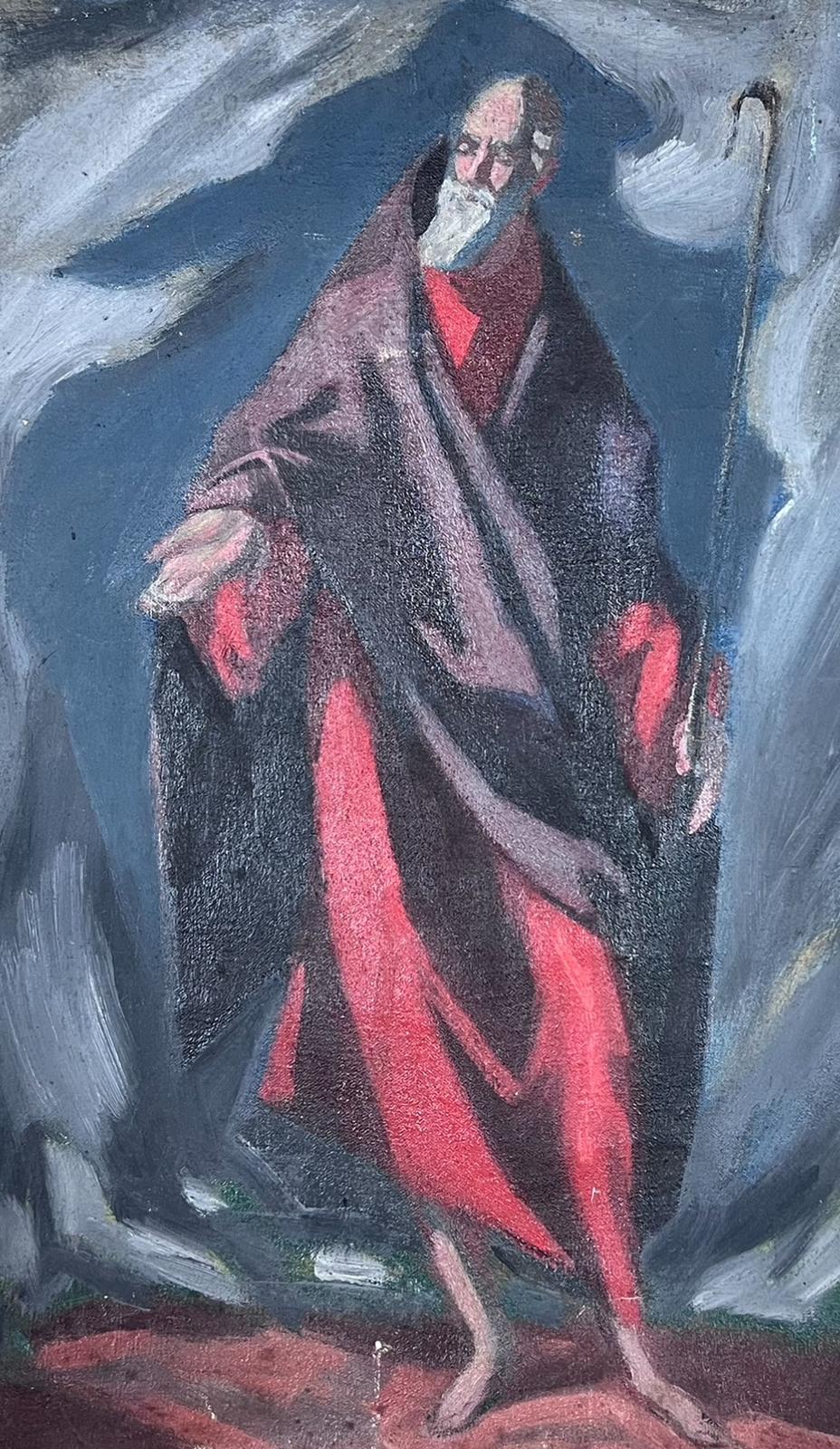 1950s French Post Impressionist Historic Shepard In Purple Robe Holding A Crook - Painting by Josine Vignon