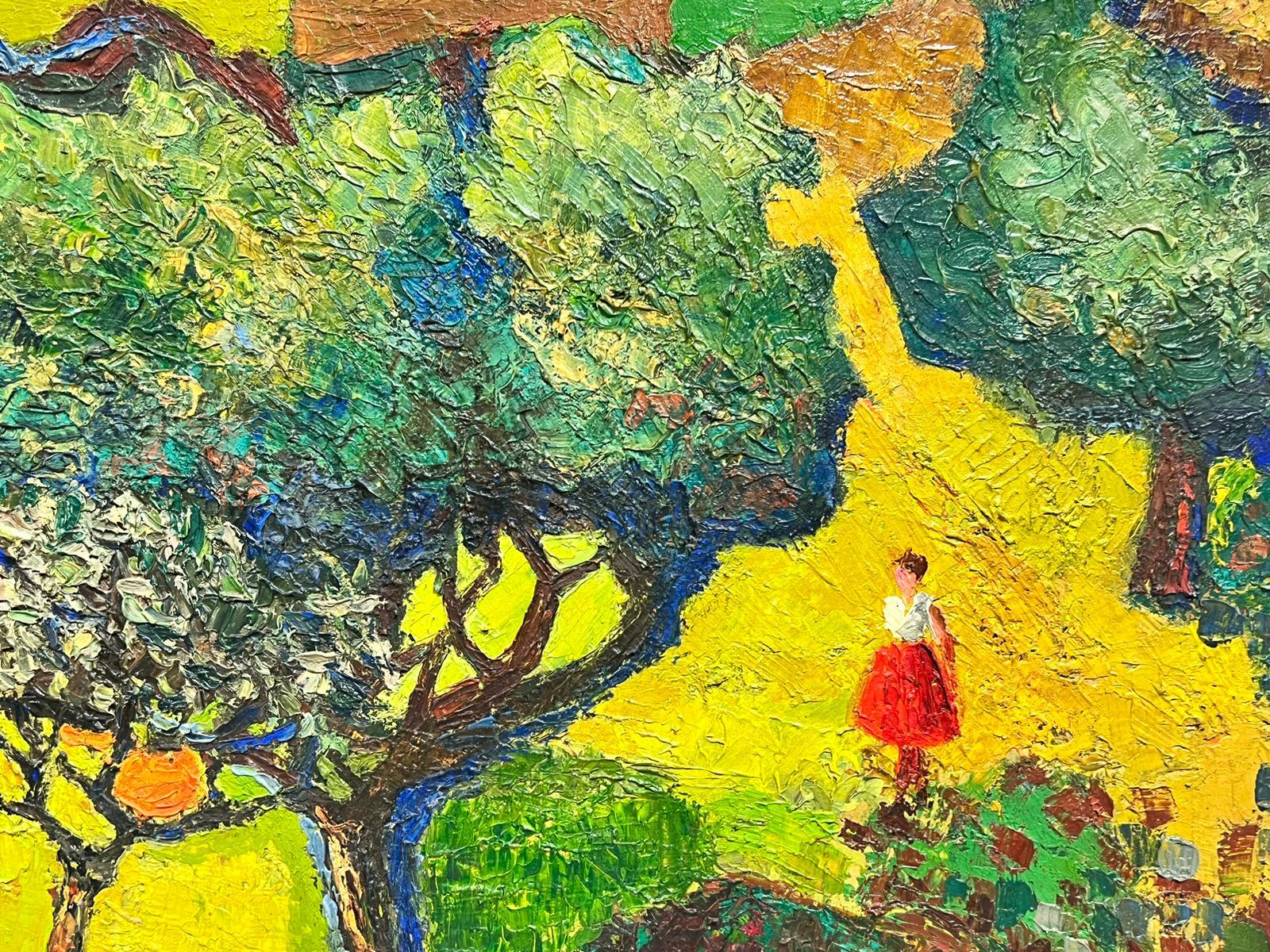 Grande peinture à l'huile post-impressionniste française des années 1950 - Dame en Provence - Verger - Painting de Josine Vignon