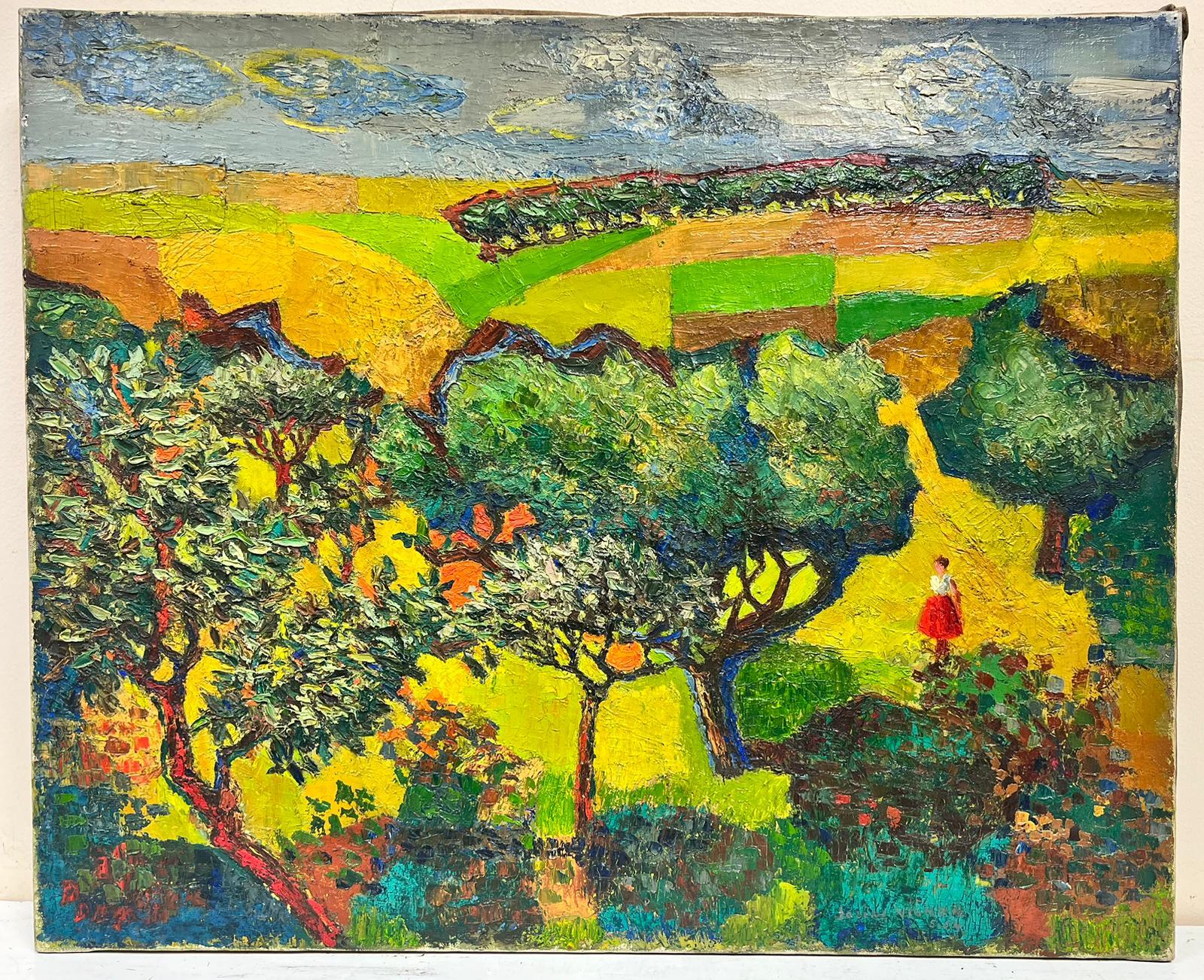Grande peinture à l'huile post-impressionniste française des années 1950 - Dame en Provence - Verger - Post-impressionnisme Painting par Josine Vignon