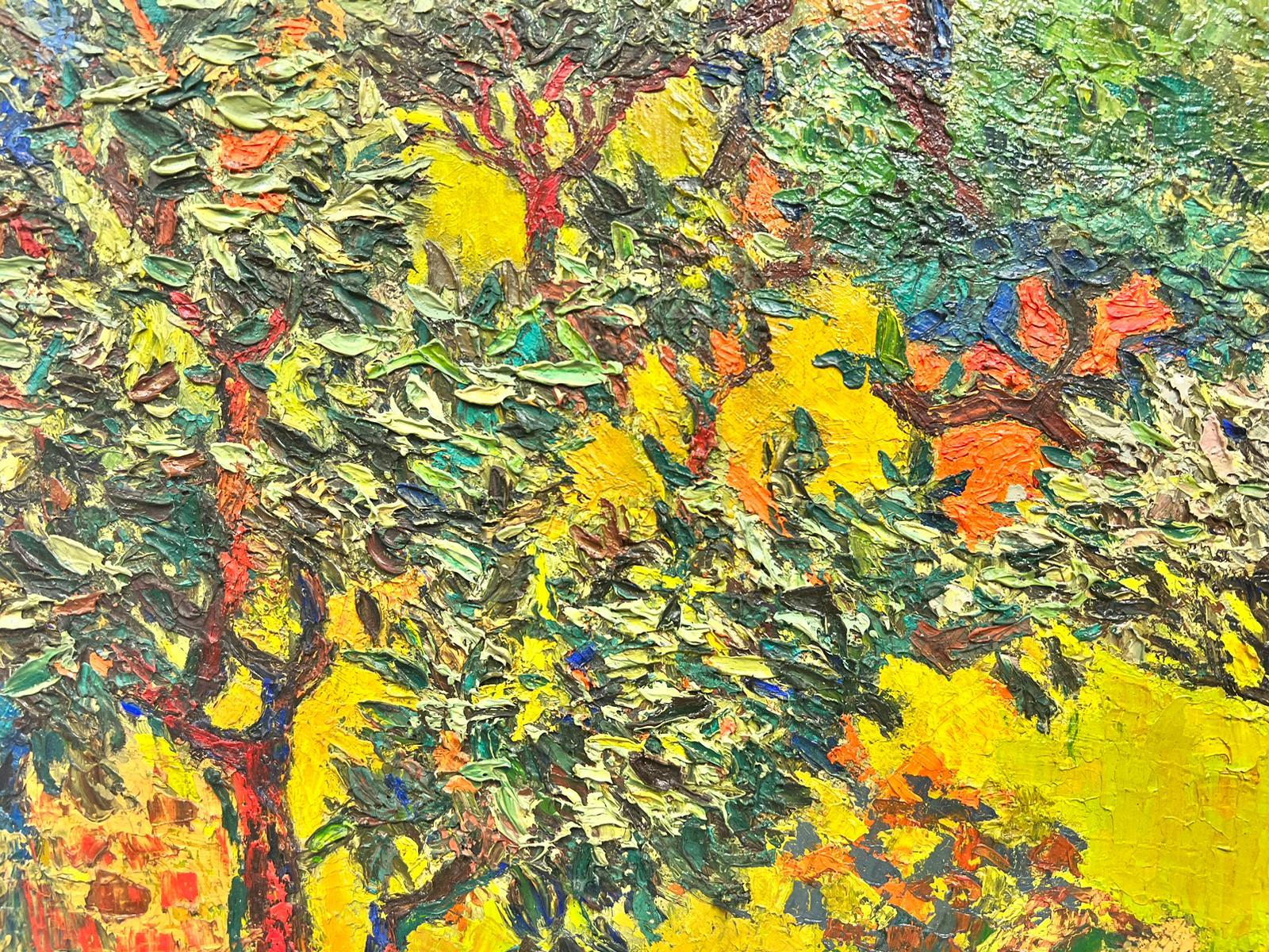 Grande peinture à l'huile post-impressionniste française des années 1950 - Dame en Provence - Verger 1