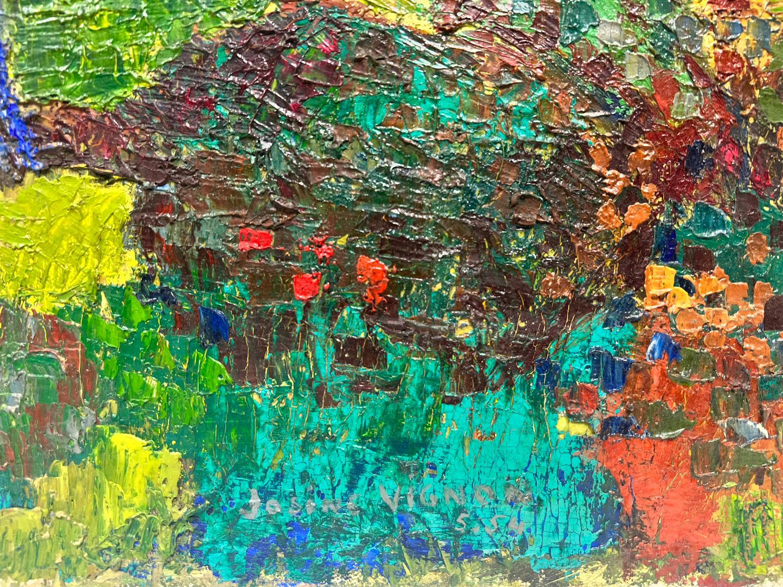 Grande peinture à l'huile post-impressionniste française des années 1950 - Dame en Provence - Verger 2