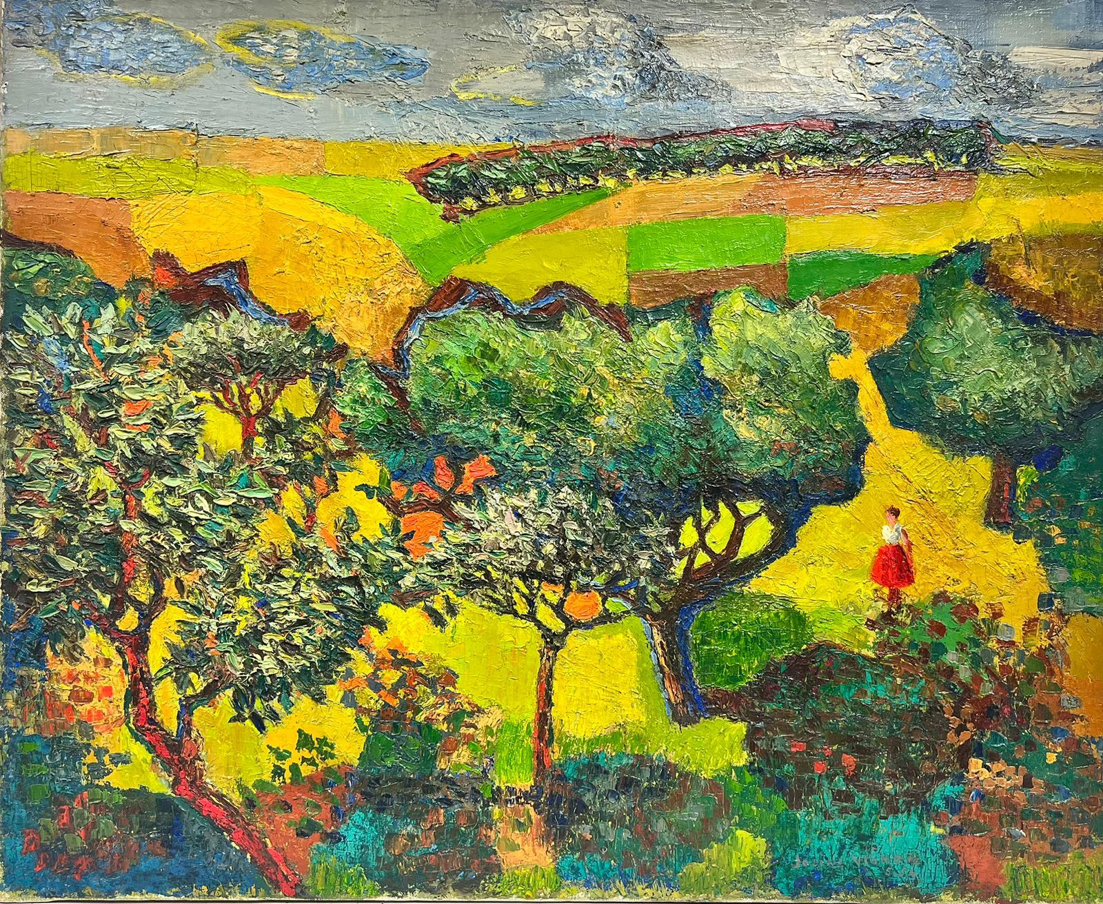 Landscape Painting Josine Vignon - Grande peinture à l'huile post-impressionniste française des années 1950 - Dame en Provence - Verger
