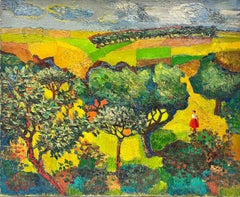1950's French Post Impressionist Large Oil Painting Lady in Provence Orchard