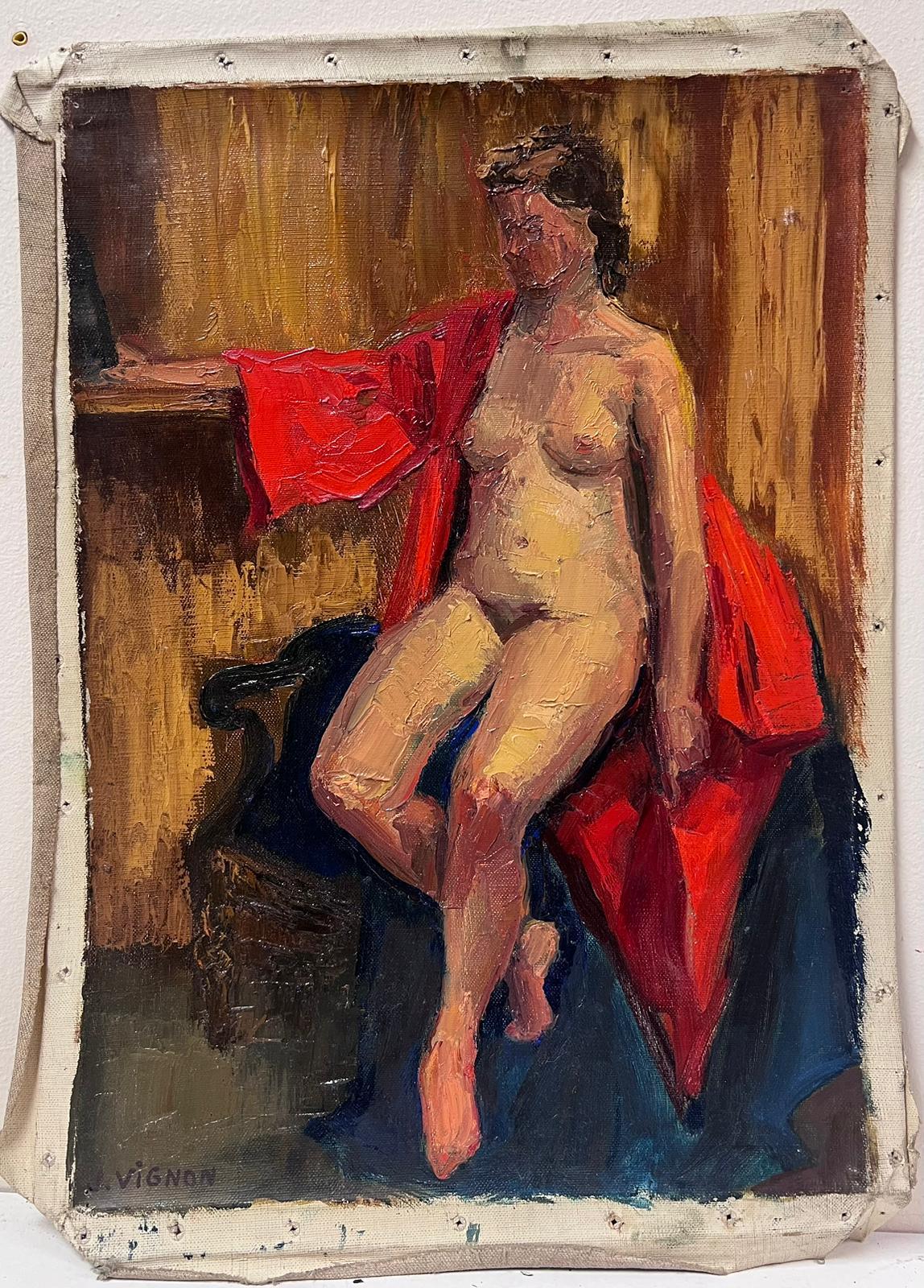 1950s French Post Impressionist Nude Lady Artists Studio In Red Gown - Painting by Josine Vignon