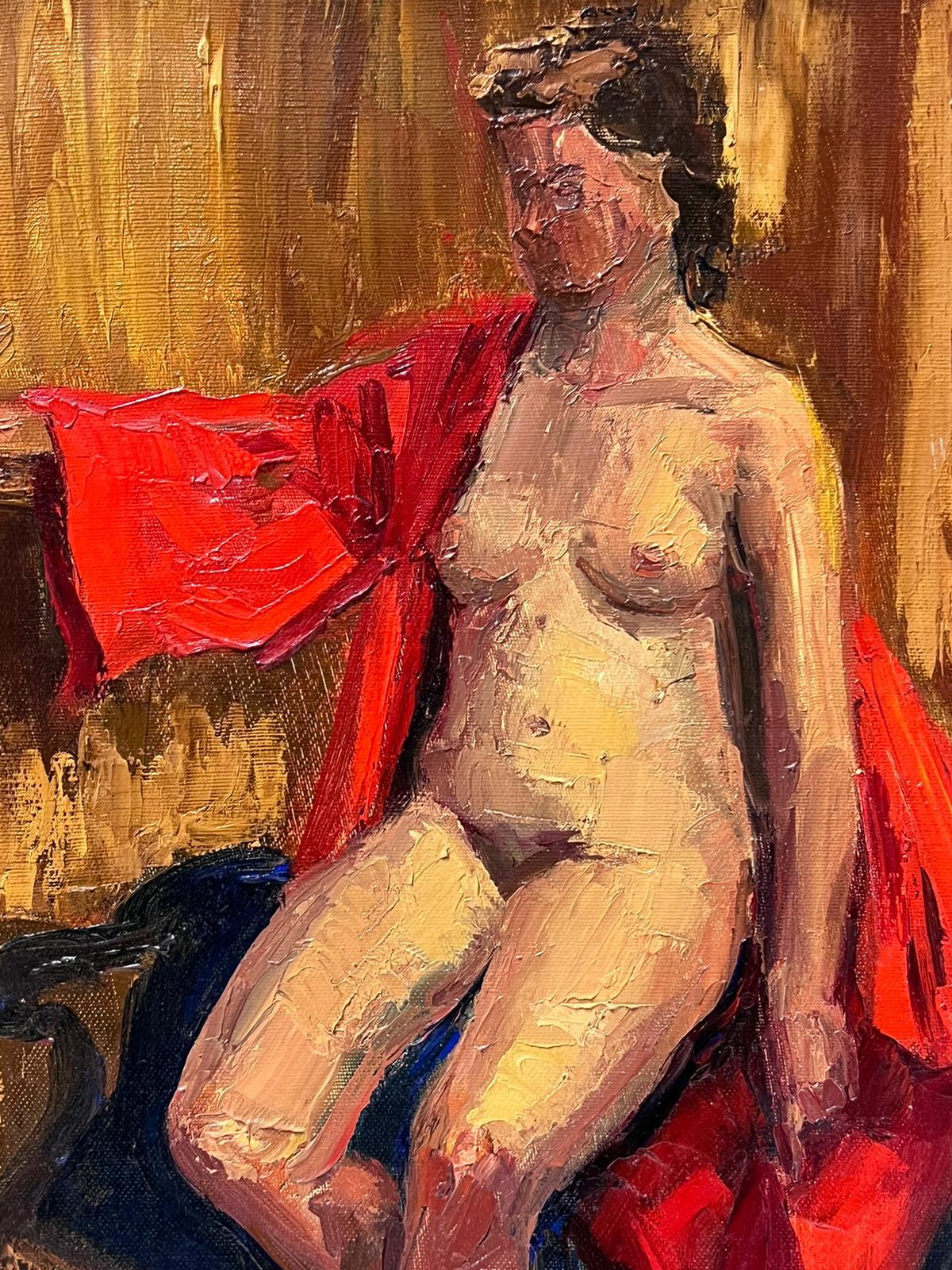 1950s French Post Impressionist Nude Lady Artists Studio In Red Gown For Sale 3