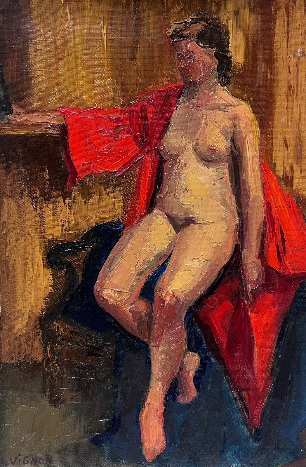 Josine Vignon Portrait Painting - 1950s French Post Impressionist Nude Lady Artists Studio In Red Gown