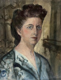 1950s French Post Impressionist Oil Blue Eyed Lady Artists Self Portrait